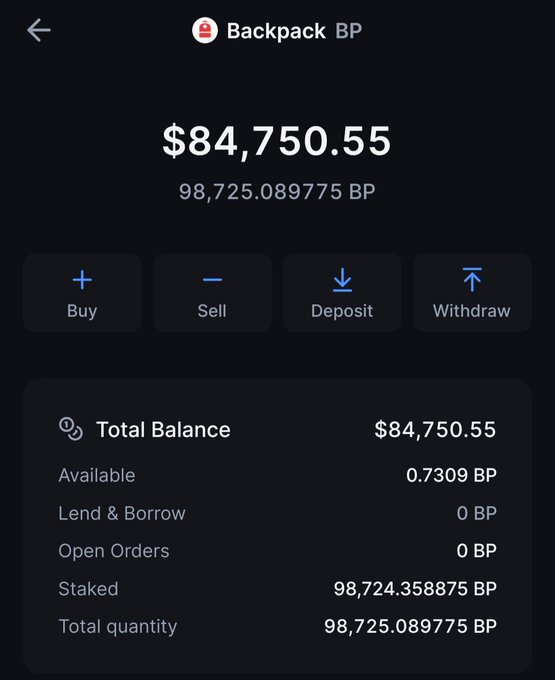 Mobile app screenshot showing a Backpack BP wallet with a total balance of $84,750.55 (98,725.089775 BP), with 98,724.358875 BP staked.