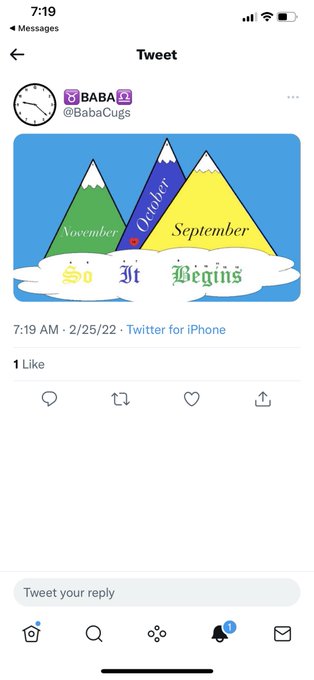 A tweet from @BabaCugs posted on 2/25/22 shows three mountains labeled "November," "October" (in purple), and "September," with text below reading "So It Begins" in Old English font. The accompanying post highlights the purple October mountain, relating it to a #XRP comment about when something ("Dttc") will go live.