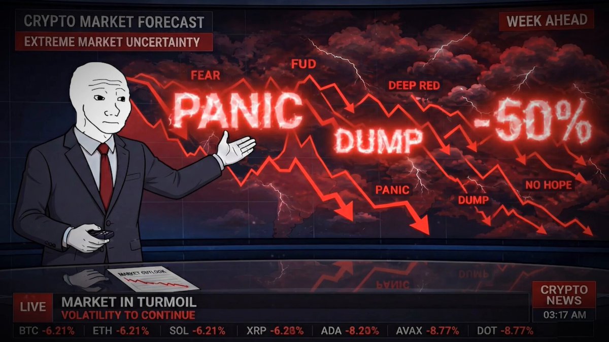 The image shows a man dressed as an Aflatszn character giving a news report about the market with a dark background indicating extreme risk uncertainty. The character appears to be warning that there will be another big rally following a significant dip, which suggests that the market is likely going through a downturn and it will eventually bounce back. This information is crucial for investors who need to make informed decisions during such times of uncertainty in the market.