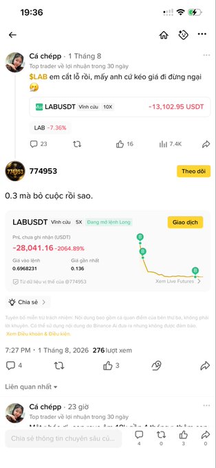A Vietnamese social media post from 'Cá chép' showing a major trading loss on LABUSDT (-28,041.16 USDT, -2064.89%) with user comments.