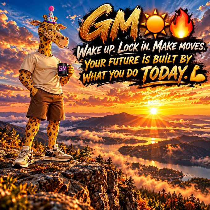 A motivational graphic featuring an anthropomorphic giraffe wearing a party hat, t-shirt, and shorts, holding a mug labeled 'GM' while standing on a mountain at sunrise, with the text 'GM ☀️🔥 Wake up. Lock in. Make moves. Your future is built by what you do TODAY. ❤️'.
