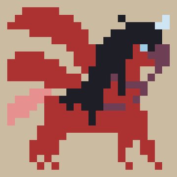 A pixel art image of a dark red winged horse or dragon-like creature with a black mane and horns against a beige background.