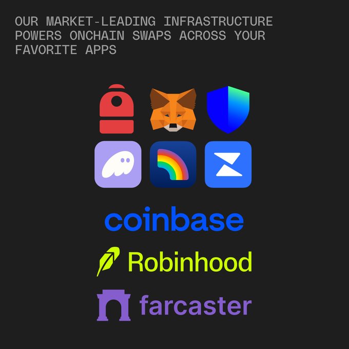 The image features a collection of five logos, each representing a different app or service. These logos are displayed against a black background with white text that reads "Our Market-Leading Infrastructure Powers Onchain Swaps Across Your Favorite Apps". The logos include a red fire hydrant, a blue shield, a purple unicorn, a rainbow, and an arrow pointing to the right.