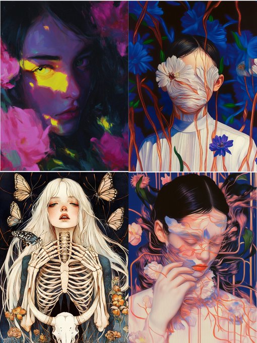 A 2x2 grid of stylized digital art pieces featuring surreal portraits of women with floral elements, skeletal imagery, and butterfly motifs.