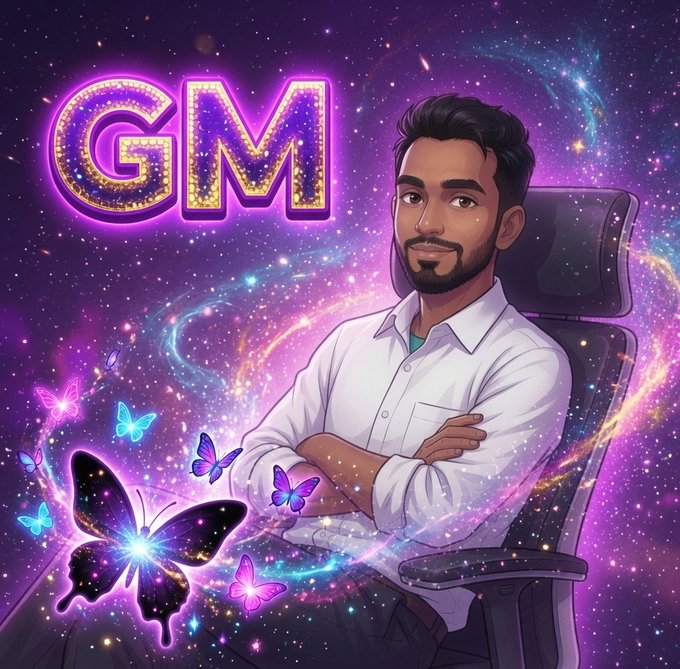 A stylized cartoon avatar of a man in a white shirt with crossed arms sits in a gaming chair against a purple cosmic background with glowing butterflies and large 'GM' lettering.