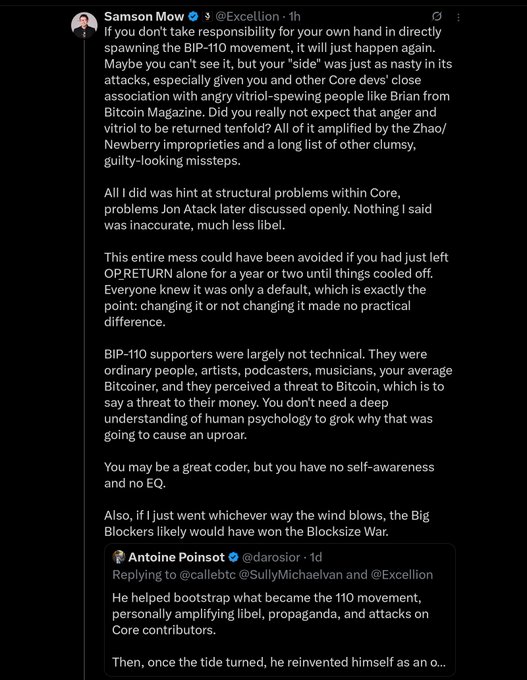A screenshot of a tweet from Samson Mow (@Excellion) defending himself against criticism regarding the BIP-110 movement, with a quoted reply from Antoine Poinsot (@darosior) below. The accompanying post expresses anger at Excellion, accusing him and others of "gaslighting" and "riling up" non-technical supporters, directly attacking the very framing Excellion pushes back against in his tweet.
