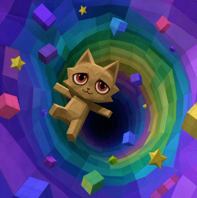 A 3D-rendered brown cat with large red eyes appears to be falling or floating through a swirling, low-poly tunnel of purple and green colors, surrounded by colorful geometric cubes and stars.