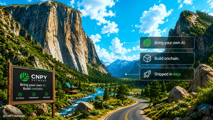 A scenic mountain landscape features a billboard for "CNPY Network" with the tagline "Bring your own AI, Build onchain," alongside three floating feature cards highlighting "Bring your own AI," "Build onchain," and "Shipped in days." The image visually reinforces the post's message by showcasing CNPY Network's long-term vision and developer-friendly tools, with the billboard and callouts emphasizing their focus on empowering builders through AI integration, fast launches, and shared security.