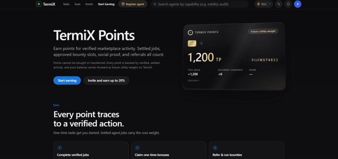 A screenshot of the TermiX website displaying 'TermiX Points' with a user balance of 1,200 TP.