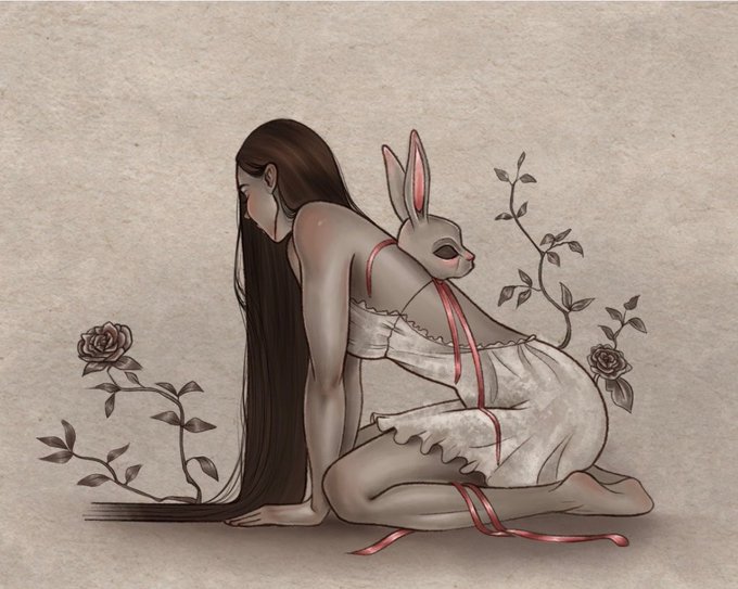 An artistic illustration of a kneeling woman with long dark hair in a white dress with red ribbons, accompanied by a white rabbit mask resting on her back, set against a beige background with roses.