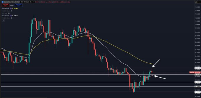 A financial candlestick chart displays the ADA/U.S. Dollar trading pair with moving averages and white arrows pointing to key price levels.