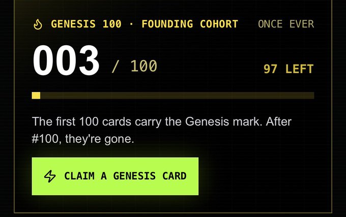 A dark digital card showing "GENESIS 100 · FOUNDING COHORT" prominently displays "003 / 100" with "97 LEFT" remaining, indicating a limited release milestone, while featuring a yellow "CLAIM A GENESIS CARD" call-to-action button. The image relates to the post by highlighting scarcity and exclusivity, mirroring the "Bulls in command" achievement-oriented tone of celebrating early adoption milestones.