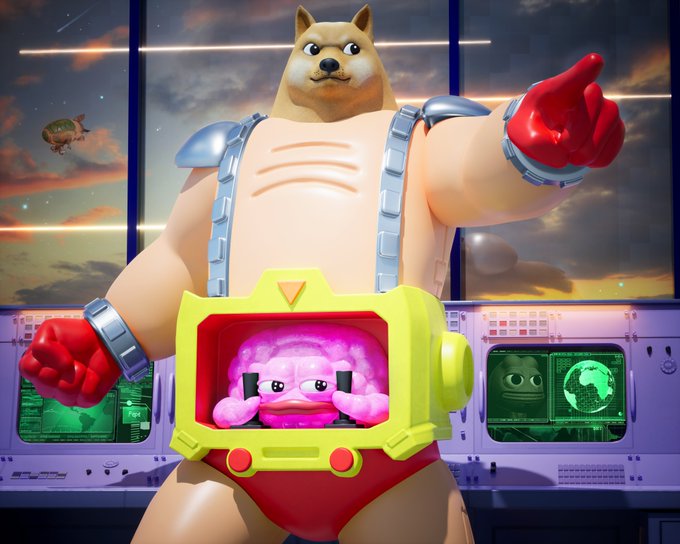 A 3D rendering of a muscular anthropomorphic dog wearing red boxing gloves and a yellow helmet device containing a small, grumpy pink brain-like creature.