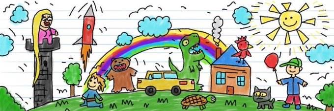 A child's colorful drawing on lined paper features a blonde princess in a tower, a rocket, a rainbow, several cartoon characters, a turtle, a cat, and a figure with a balloon under a smiling sun.