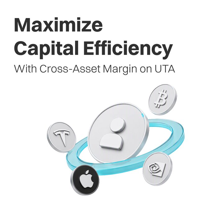 A promotional graphic titled "Maximize Capital Efficiency With Cross-Asset Margin on UTA," featuring 3D coins bearing Bitcoin (₿), Tesla (T), Apple ( ), and a stylized logo orbiting a user profile icon, visually reinforcing the post's message about using Bitget's unified trading account (UTA) to trade multiple assets under a single margin.