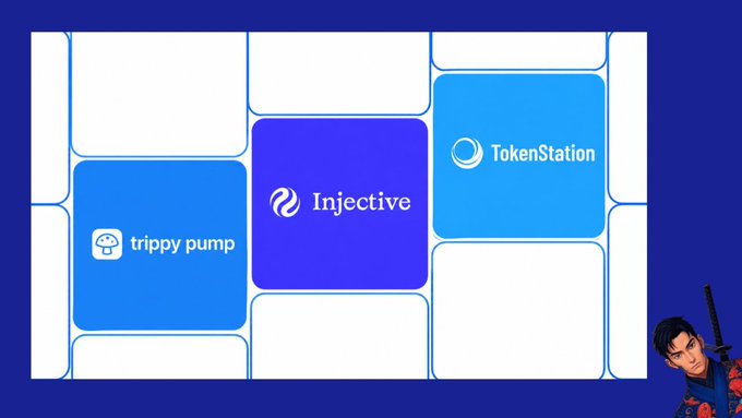 A blue-themed graphic displays logos for 'trippy pump', 'Injective', and 'TokenStation' in rounded square tiles, with a small animated ninja character in the bottom right corner.