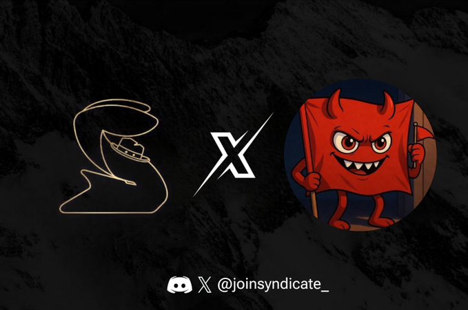 A promotional graphic on a dark background shows a black 'X' between two logos, with a red devil character holding flags on the right and a hat outline on the left, plus the text '@joinsyndicate_'.