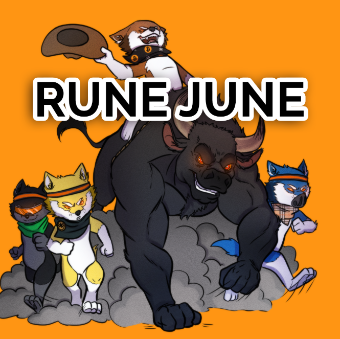 The image features a cartoon illustration of a group of animals, including dogs and cats, riding on top of a bull. The animals are depicted in various poses, with some standing up while others are sitting or lying down. The background of the image is orange, which contrasts with the white text that reads "Rune June". The post also mentions that there's something called "Rune June" and has a link to a website for more information about it.