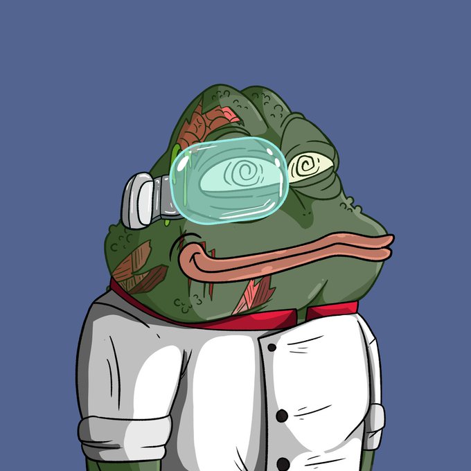 A cartoonish, battle-worn Pepe the Frog character wearing a white lab coat and a dripping futuristic visor with swirling hypnotic lenses, eyes bloodshot in a dazed "spawning" expression. The grotesque, glitched-out look fits the post promoting a "something ridiculous" NFT mint, visually embodying the absurd, meme-fueled chaos of the project.