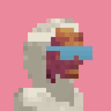 A pixel art illustration of a bearded man wearing a blue headband and a white shirt on a solid pink background.