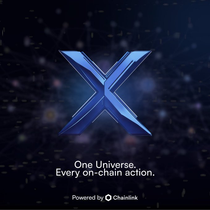 The image features a large, stylized metallic blue "X" logo at the center against a dark cosmic background with interconnected nodes, with the tagline "One Universe. Every on-chain action." and "Powered by Chainlink" displayed below. This visually reinforces the post's message about XSwap's integration with Chainlink infrastructure, symbolizing how Chainlink's unified network powers all of XSwap's cross-chain DeFi operations across a single, interconnected ecosystem.