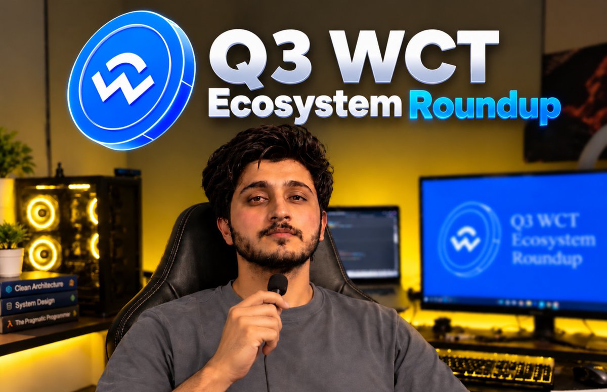 A presenter sits in a yellow-lit studio beneath large text reading “Q3 WCT Ecosystem Roundup,” with a blue W logo and matching display behind him.