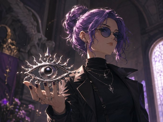 A purple-haired woman wearing sunglasses and gothic black attire holds an ornate silver eye emblem against a dark, mystical castle backdrop. The mystical, eye-themed artwork complements the NFT collaboration announcement, lending an arcane and exclusive aesthetic to the promotional post.