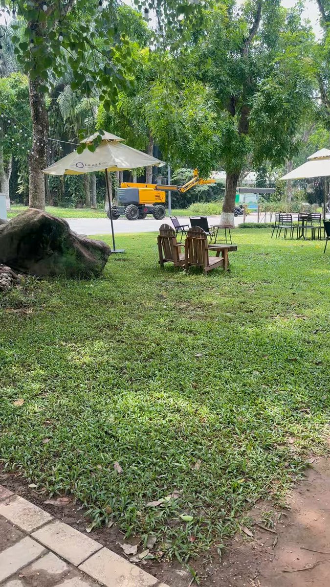 The image features two chairs placed under an umbrella near a tree, with a sidewalk nearby. The chairs are positioned close together, providing shade for those seated. In addition to the chairs, there are several dining tables scattered around the area, suggesting that this could be a park or outdoor seating space where people can relax and enjoy their surroundings.