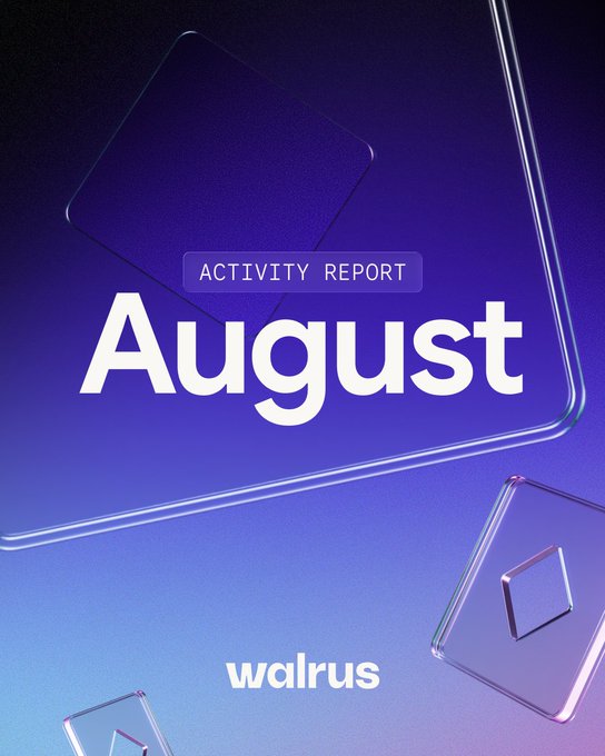 A purple and blue gradient activity report cover featuring translucent glass-like squares, displaying the text "ACTIVITY REPORT August" and the "walrus" logo at the bottom.