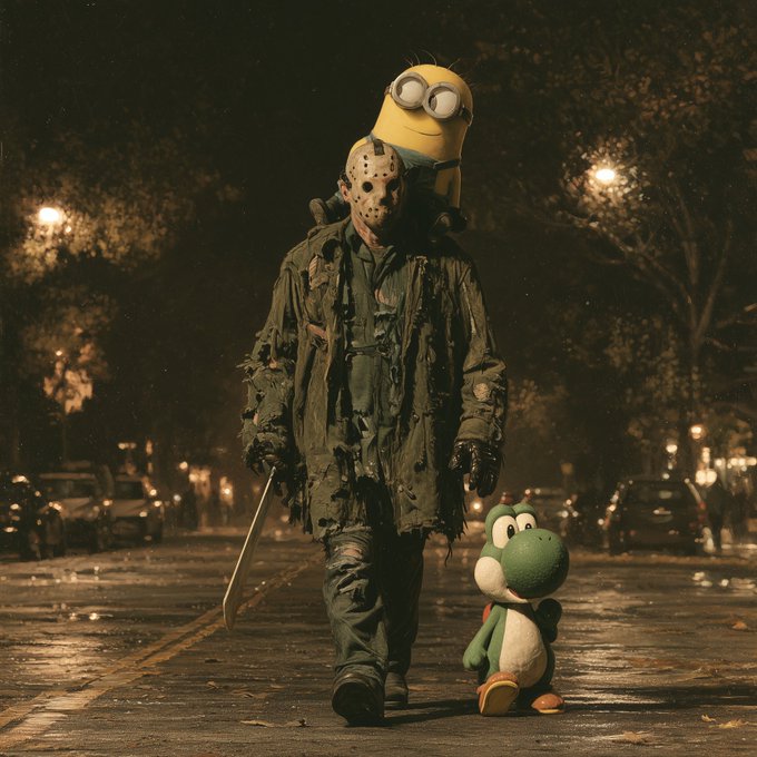 A dark, cinematic scene at night shows a menacing figure in tattered clothes and a hockey mask, carrying a machete, walking down a wet street with a small Minion plush on his shoulder and a Yoshi plush beside him.