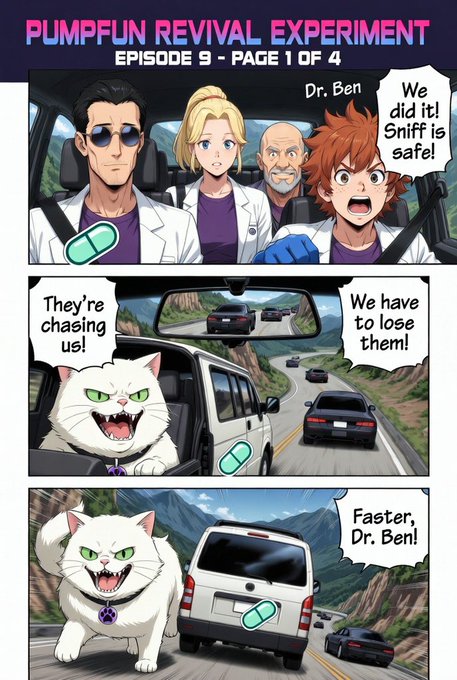 The image features a cartoon scene depicting a white cat wearing sunglasses, driving a car down a road while another car follows behind. The cat appears to be in control of the situation as it drives past a group of people who are trying to stop the following car from passing them. A caption below the image reads "Episode 9" and "The Rescue".