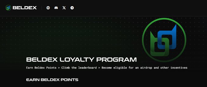 A Beldex cryptocurrency promotional banner with their logo, icons for platforms, and text advertising the 'BELDEX LOYALTY PROGRAM' to earn points and become eligible for an airdrop.