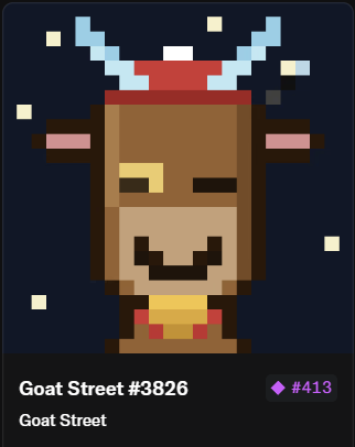 A pixel art NFT collectible titled 'Goat Street #3826' from the Goat Street collection, priced at diamond #413, featuring a brown goat character with a red hat and blue horns.