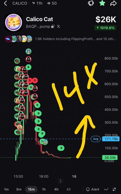 A trading chart screenshot for the 'Calico Cat' meme token showing a market cap of $26K with a 1019.6% increase, featuring large yellow handwritten '14X' text and an upward arrow.