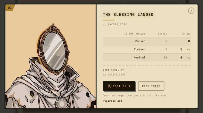 A screenshot of an NFT interface for 'THE BLESSING LANDED #7' by @weirdos_art, featuring an illustration of a figure with a mirror for a head, showing transaction details where a wallet's Blessed count increased to 5 and Neutral decreased to 6.