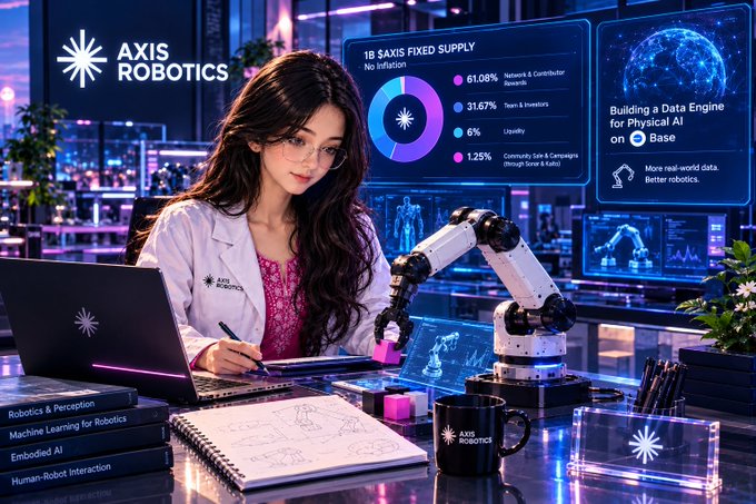 A stylized promotional image for 'AXIS ROBOTICS' showing a young woman with glasses at a laptop in a futuristic setting, with a robotic arm, a notebook with sketches, and a dashboard displaying '1B SAXIS FIXED SUPPLY' and 'Building a Data Engine for Physical AI on Base'.