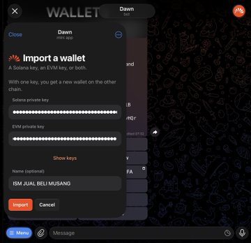 A Telegram wallet import dialog titled 'Import a wallet', showing fields for Solana and EVM private keys, with the wallet name 'ISM JUAL BELI MUSANG' entered.