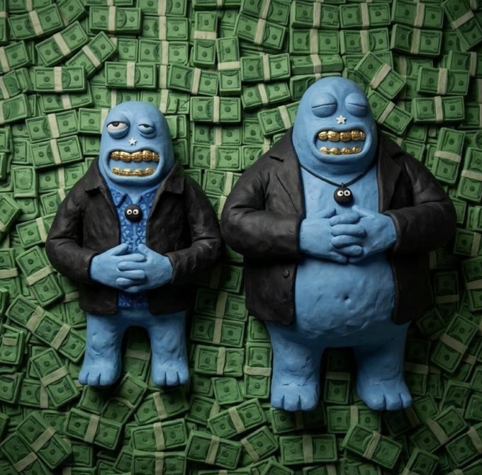 Two chubby blue cartoon figures with gold grills, leather jackets, and "8-BIT" necklaces stand smugly against a massive backdrop of stacked dollar bills, capturing the meme's "burnin dem t00ns" energy of flaunting wealth. The scene visually echoes the post's crypto braggadocio, with the figures' flashy, cash-soaked poses parodying the "fa" (financial advice) flex typical in meme culture.
