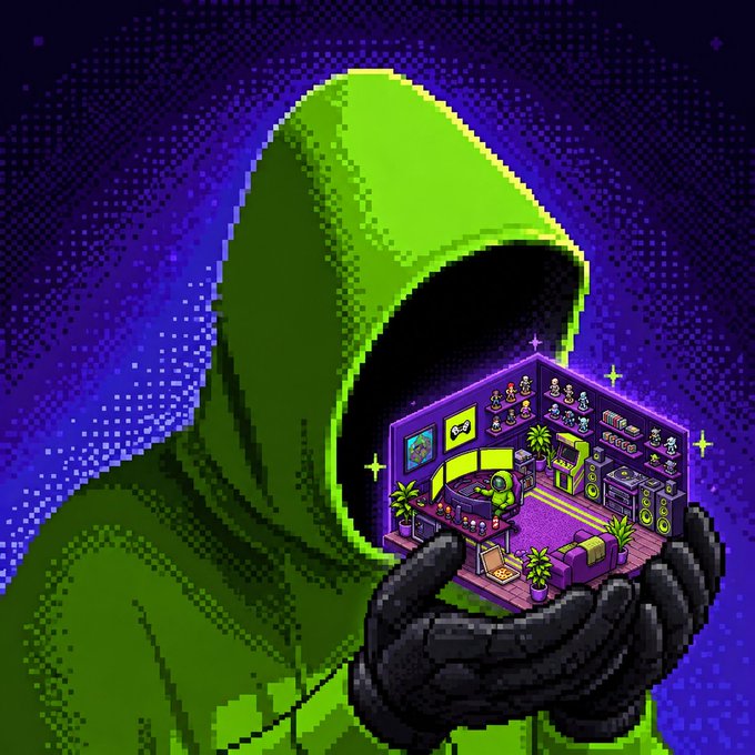 Pixel art illustration of a hooded figure in green holding a miniature retro gaming setup featuring a console, monitor, and shelves of games against a purple dotted background.