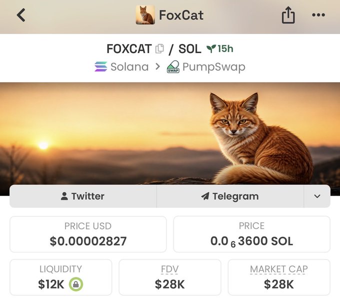 A DexScreener page for the Solana-based token $FOXCAT (contract BKaQMii3rcvyizsKbsV3LMAuV9VJhyLdYwPGjP6fpump) priced at $0.00002827 with $12K liquidity and $28K market cap, paired with an airdrop announcement soliciting Solana wallet addresses.

The image shows that $FOXCAT is a newly launched, low-liquidity meme token on PumpSwap, providing context for the airdrop post that asks users to submit their Solana addresses for a giveaway.
