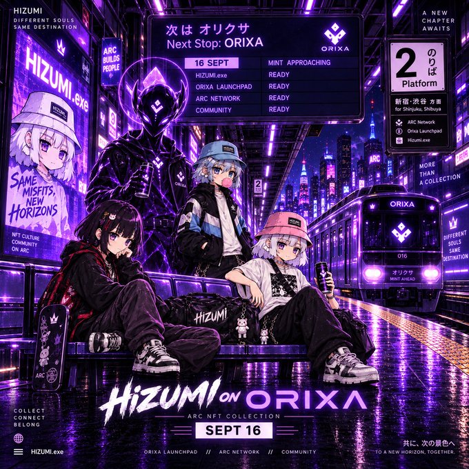 A vibrant purple-toned promotional poster for "HIZUMI on ORIXA," an ARC NFT Collection launching on SEPT 16, featuring anime-style characters at a futuristic train station with an arrival board reading "Next Stop: ORIXA" and announcing the mint is "READY." The accompanying post explains that the September 16 mint is being delayed due to unexpected partner-side problems, apologizing for the wait while they work to ensure a smooth launch.