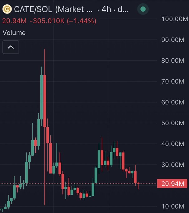 A 4-hour candlestick chart for the CATE/SOL trading pair on a DEX, showing a current price of 20.94M with a -1.44% decline (down 305.010K), illustrating the volatile price action and recent downturn referenced in the post about the token's uncertain recovery prospects.