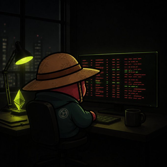 A lone coder wearing a straw farmer hat works at a glowing dual-monitor setup displaying lines of colorful code, with an illuminated Ethereum logo on the desk beside a coffee mug against a dark city skyline. The imagery of solitary, late-night coding visually echoes the post's theme of patient, behind-the-scenes analysis of ETH's flat price action and $486M ETF outflows as a potential setup before institutional confirmation.