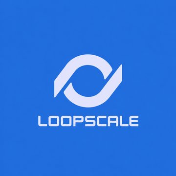 A simple logo on a blue background featuring a white stylized loop symbol above the word 'LOOPSCALE'.