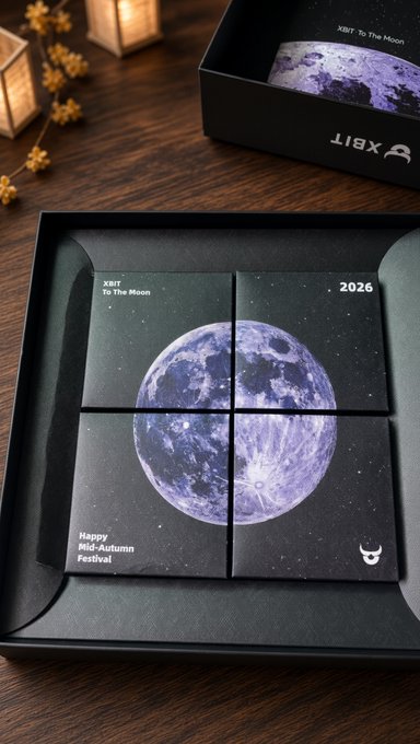 A black gift box display from XBIT featuring a moon-themed design split into four panels, reading 'XBIT To The Moon' and 'Happy Mid-Autumn Festival 2026' arranged on a wooden surface.