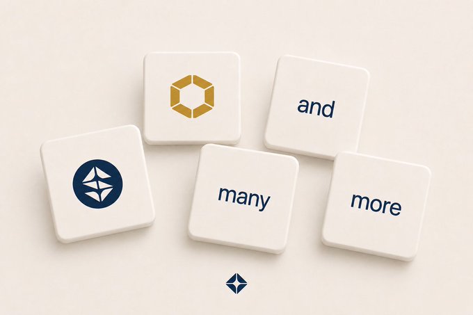 Promotional image showing white square tiles with crypto logos including Ethereum and BNB, along with the text 'and many more' and an Ethereum symbol at the bottom.