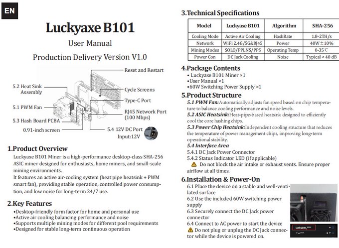 The user manual page for the 'Luckyaxe B101' SHA-256 ASIC miner, detailing its technical specifications, product structure, and installation instructions.
