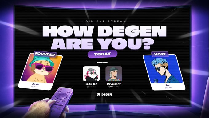 The image features a television screen displaying an advertisement for a streaming platform called "How Deges Are You?". The background of the advertisement is purple, with white text that reads "How Deges Are You?". Below this, there are three different images of people wearing sunglasses and hats, each representing a different character from the streaming platform. These characters include a person in a green hat, another person in a blue hat, and a third person in a pink hat. The image also includes text that reads "JOIN THE STREAM", indicating that viewers should join the streaming platform to explore how Deges are evolving over time.