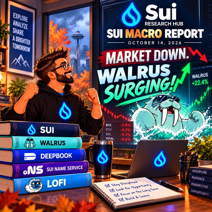 A promotional graphic for 'Sui Research Hub' SUI Macro Report dated October 14, 2026, with text 'Market Down. Walrus Surging!' showing WALRUS +22.4% and other crypto tickers down.