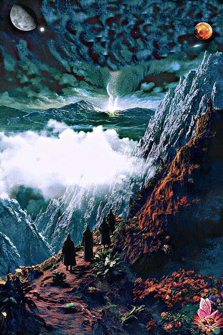 A dramatic fantasy landscape painting showing robed figures on a mountain path looking out at a stormy sky with a glowing whirlpool, two moons, and vibrant red cliffs.